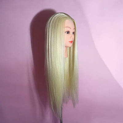 Голова навчальна манекен для зачісок 30% натурального волосся 65-70 см, гофре блонда із настільним кріпленням