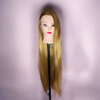 Голова манекен для зачісок навчальна болванка з настільним кріпленням 30% натурального волосся, золотиста 80-85см.