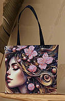 Сумка для вишивання 37х33х6 см. Довжина ручок 60 см. Чорна. Тканинна "Магнолії у волоссі"