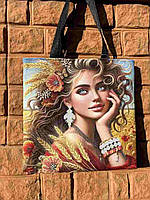 Сумка для вишивання 37х33х6 см. Довжина ручок 60 см. Чорна. Тканинна "Дівчина з маками і колосками"