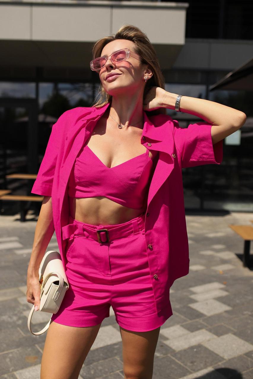 Жіночий літній костюм трійка лляний Сорочка + Шорти + Топ малиновий Комплект на літо з льону, фото 1