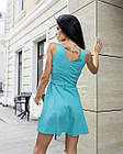 Жіноче лляне плаття до колін приталене бірюзове Сарафан короткий із льону з поясом, фото 2