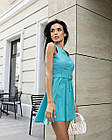 Жіноче лляне плаття до колін приталене бірюзове Сарафан короткий із льону з поясом, фото 3