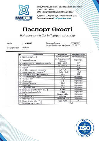 Вітамін В4 Холін тартрат PROFIPROT 100 г фарм, фото 3