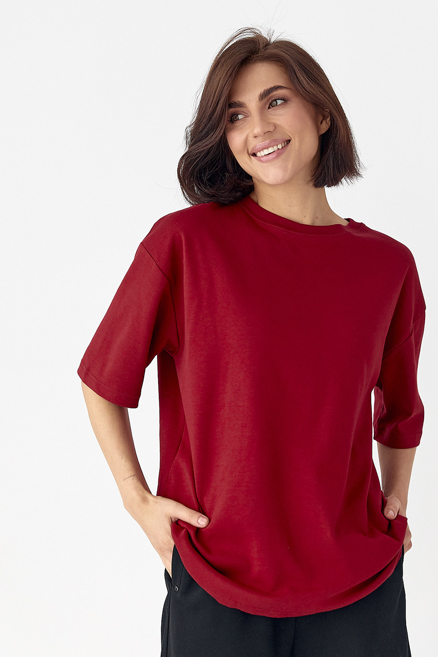 Однотонна базова футболка — бордо-колір, M (є розміри), фото 1