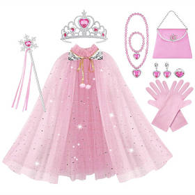 Набір прикрас принцеса 9в1 накидка рукавички діадема чарівна паличка аксесуари Рожевий (60721)