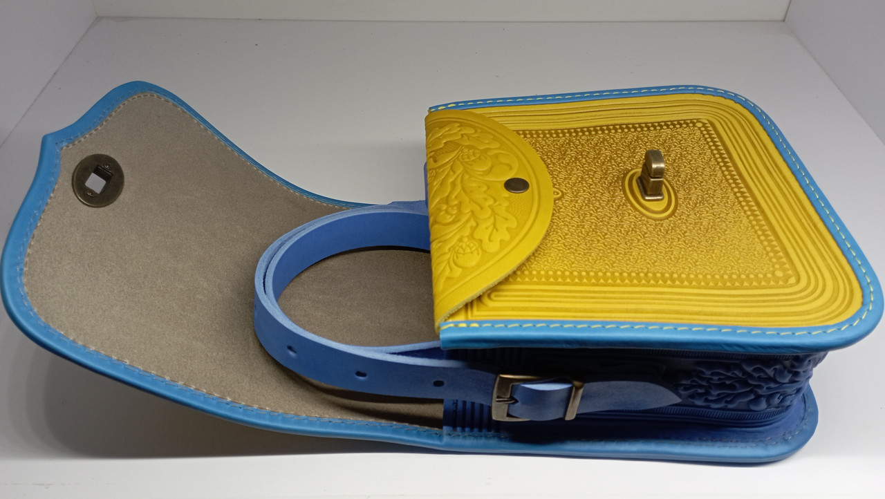 Шкіряна сумка Дубочок 20х20х8 см жовто-блакитна, фото 1