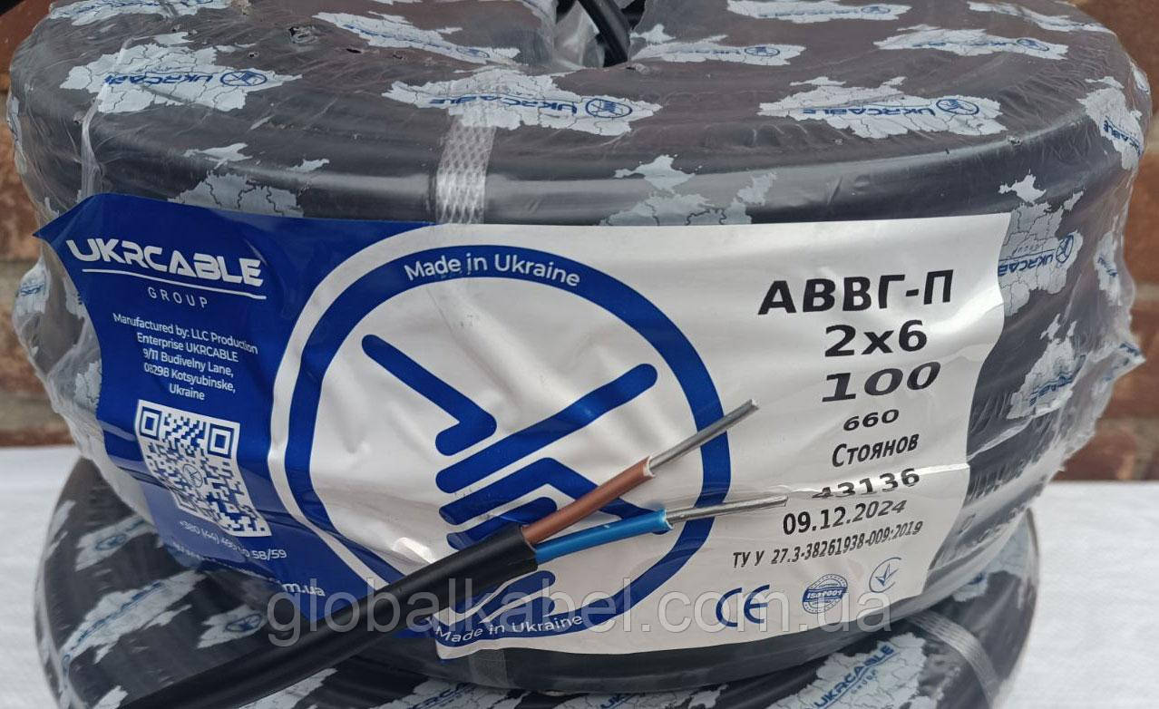 Кабель АВВГ-П 2х6 Укркабель, алюмінієвий силовий. Продаж кратно 5 метрів, фото 1