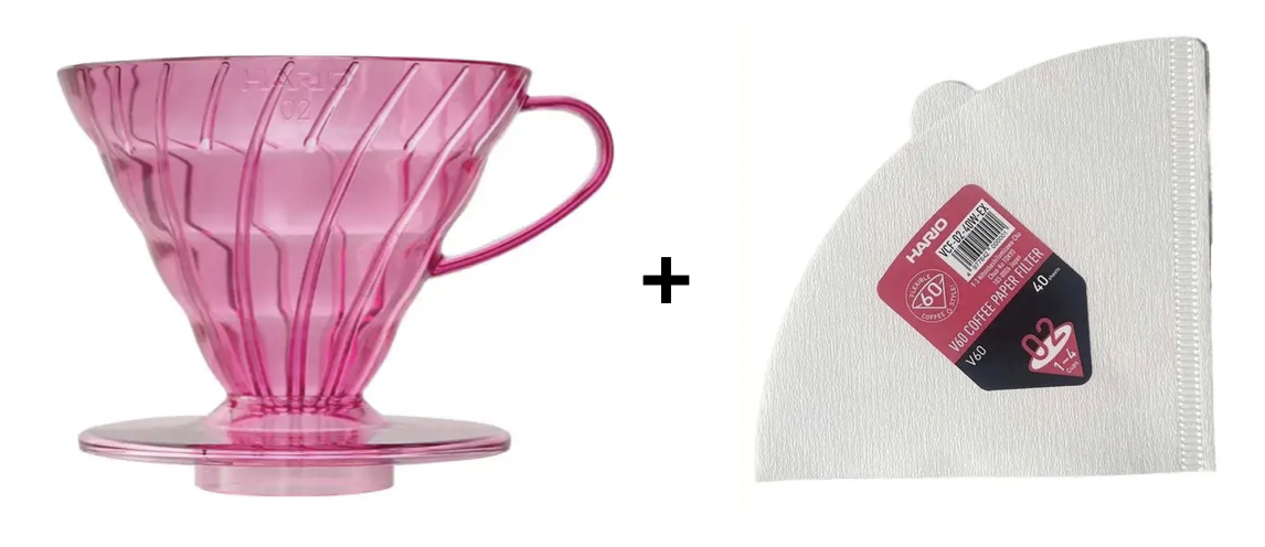 HARIO V60 02 Punch Pink Пуровер для заварювання кави+фільтра 40 шт