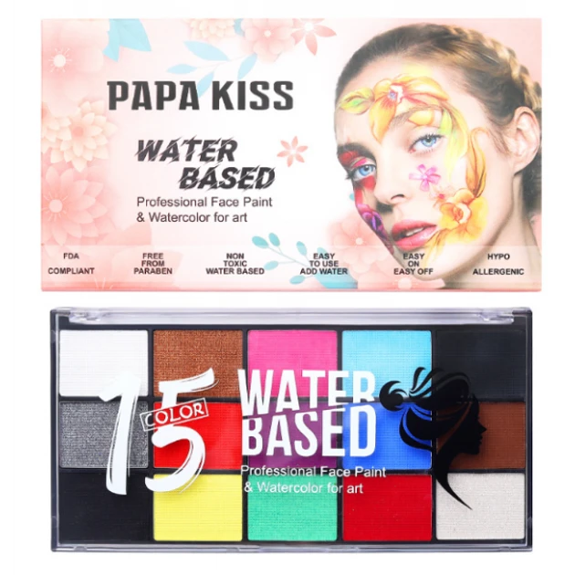 Фарби для аквагриму Papa Kiss набір для малювання на обличчі та тілі 15 кольорів водорозчинний