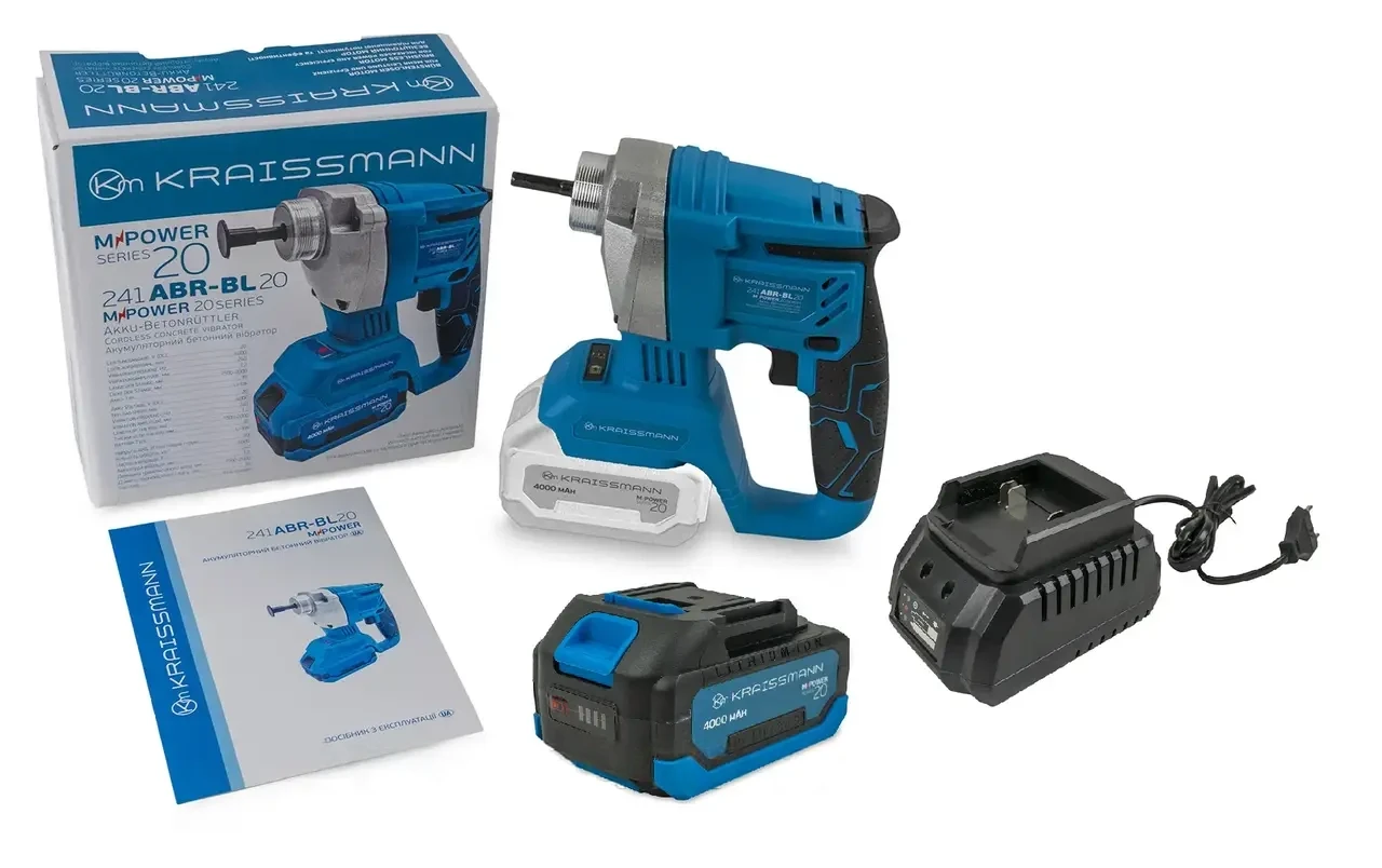 АКУМУЛЯТОРНИЙ БЕТОННИЙ ВІБРАТОР KRAISSMANN 241 ABR-BL 20MP (АКУМУЛЯТОР 4000 МАГ ТА ЗАРЯДНИЙ ПРИСТРІЙ), фото 1