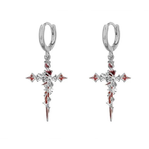 Сережки конго Fashion Jewerly хрести з розою у готичному стилі y2k сріблясті, фото 1