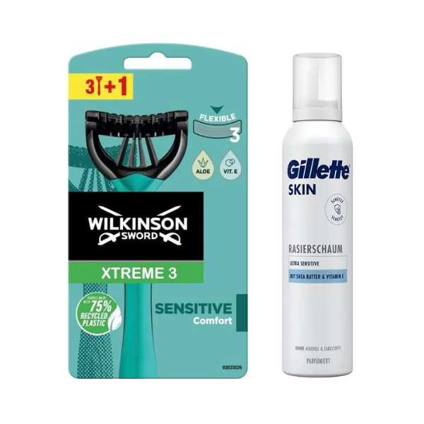Чоловічі одноразові станки Wilkinson Sword Xtreme 3 Sensitive 3+1 + Gillette Skin Ultra Sensitive Піна для гоління