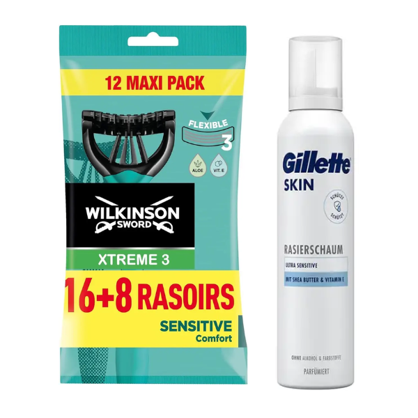 Одноразові станки Wilkinson Sword Xtreme 3 Sensitive (16+8 шт.) + Gillette Skin Ultra Sensitive Піна для гоління