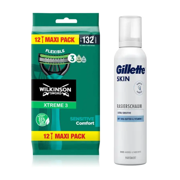 Одноразові станки Wilkinson Sword Xtreme 3 Sensitive (12 шт.) + Gillette Skin Ultra Sensitive Піна для гоління