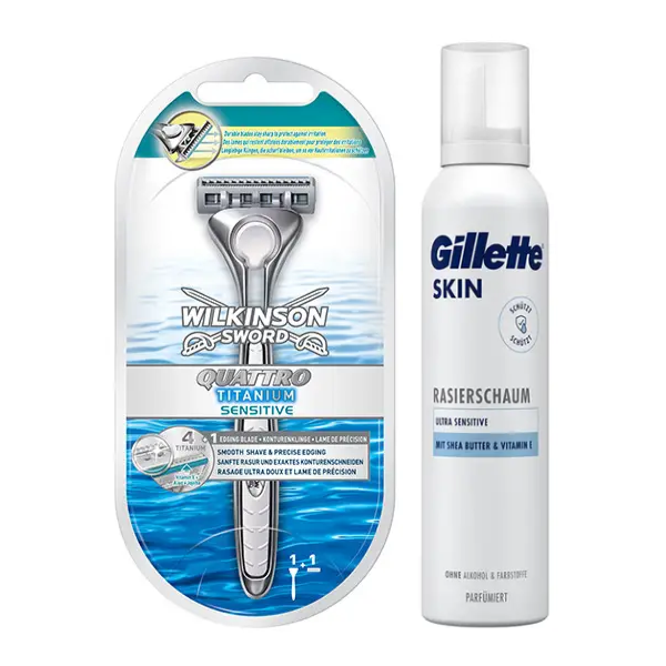 Станок для гоління Wilkinson Sword Quattro Titanium Sensitive 1 картридж + Gillette Skin Ultra Sensitive Піна для гоління