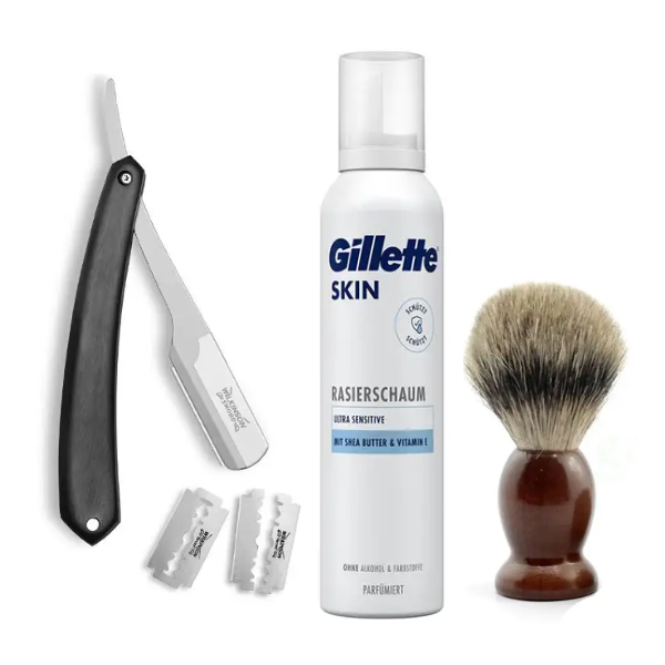 Небезпечна бритва Wilkinson Sword Barber's Style The Pioneer + Помазок Shima + Gillette Skin Ultra Sensitive Піна для гоління