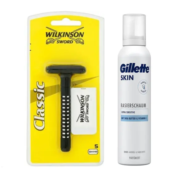 Класичний станок для гоління Wilkinson Sword Classic + Gillette Skin Ultra Sensitive Піна для гоління