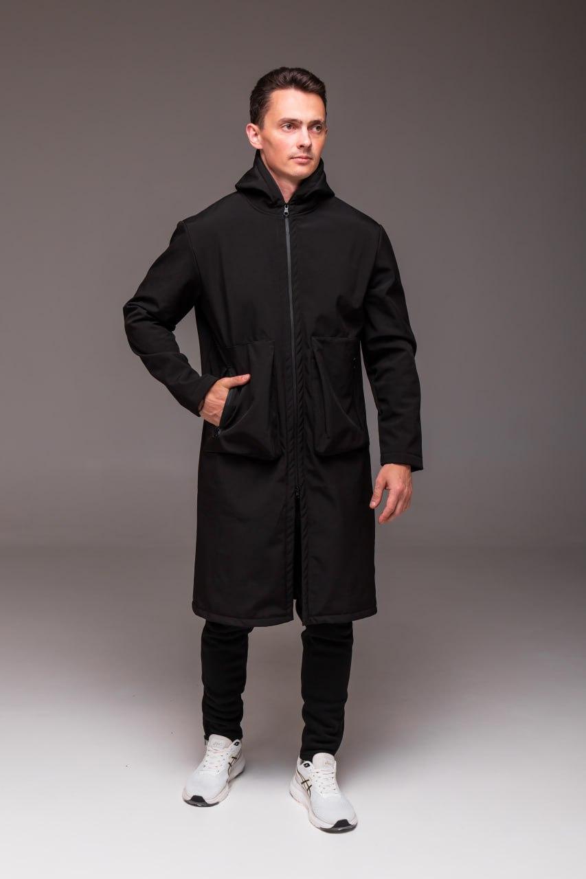 Пальто чоловіче чорне подовжене Softshell на флісі