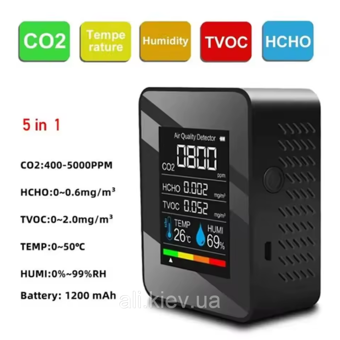 Детектор вуглекислого газу (СО2), формальдегіду (HCHO) і TVOC з гігрометром і термометром