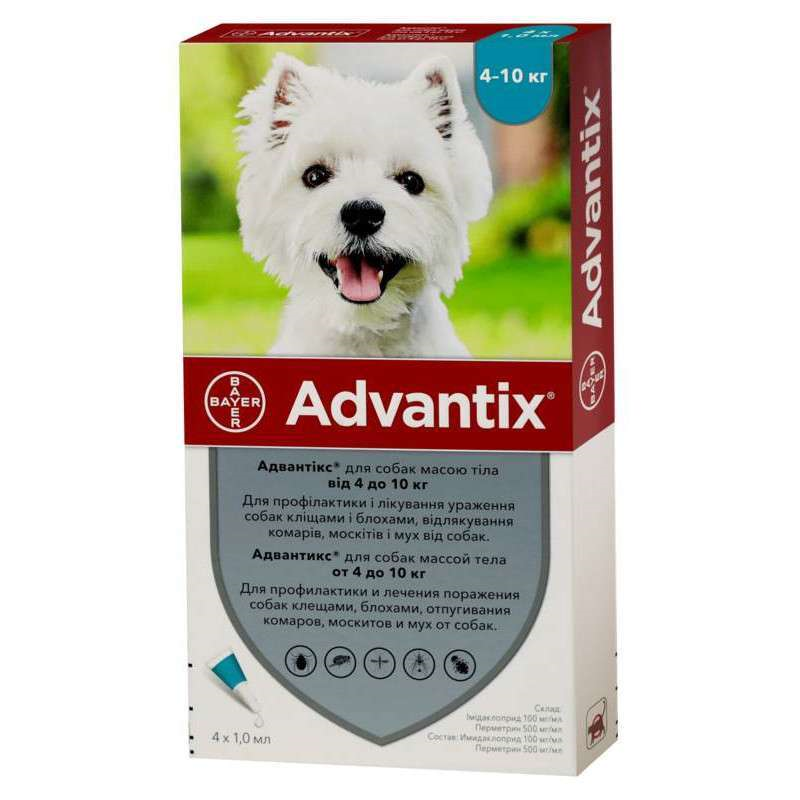 Краплі для собак 4-10 кг проти бліх і кліщів Bayer Elanco Advantix (Байєр Адвантис) 4 піпетки по 1 мл