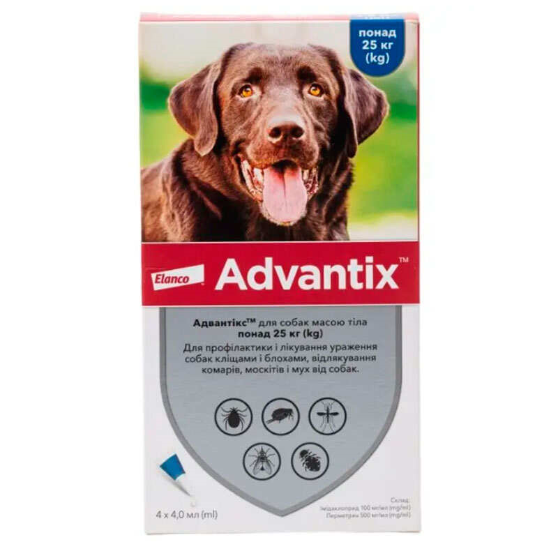 Краплі для собак 25-40 кг проти бліх і кліщів Bayer Elanco Advantix (Байєр Адвантис) 4 піпетки по 4 мл, фото 1