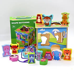 Деревʼяний сортер, шнурівка Логічний куб, гра розвивалка