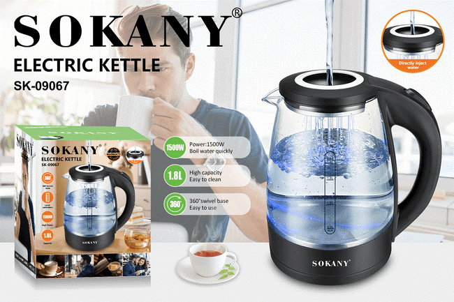 Електричний чайник скляний 1.8 л 1500 Вт Sokany SK-09067 Fm