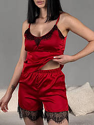 Жіноча піжама привабливий жіночий одяг для дому майка шорти шовк Армані на подарунок комплект двійка Червоний, 42/44