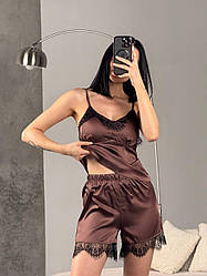 Жіноча піжама привабливий жіночий одяг для дому майка шорти шовк Армані на подарунок комплект двійка Шоколад, 42/44