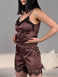 Жіноча піжама привабливий жіночий одяг для дому майка шорти шовк Армані на подарунок комплект двійка Шоколад, 46/48