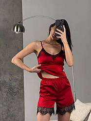 Жіноча піжама привабливий жіночий одяг для дому майка шорти шовк Армані на подарунок комплект двійка Червоний, 46/48