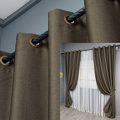 Комплект (2шт. 1,5х2,5м.) штор на люверсах, Шеніл однотонний (блекаут). Колір кавовий. Код 1591ш 37-0249