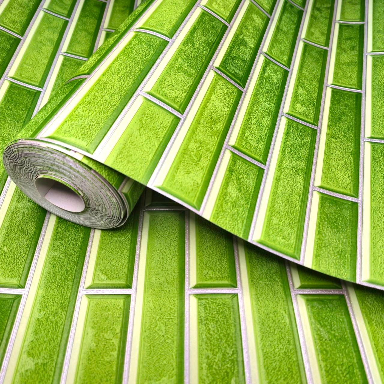 Вінілові шпалери 10 × 0.53 м Слов’янські шпалери 5753-04, зелені під цеглу для кухні, коридору, передпокою, фото 1