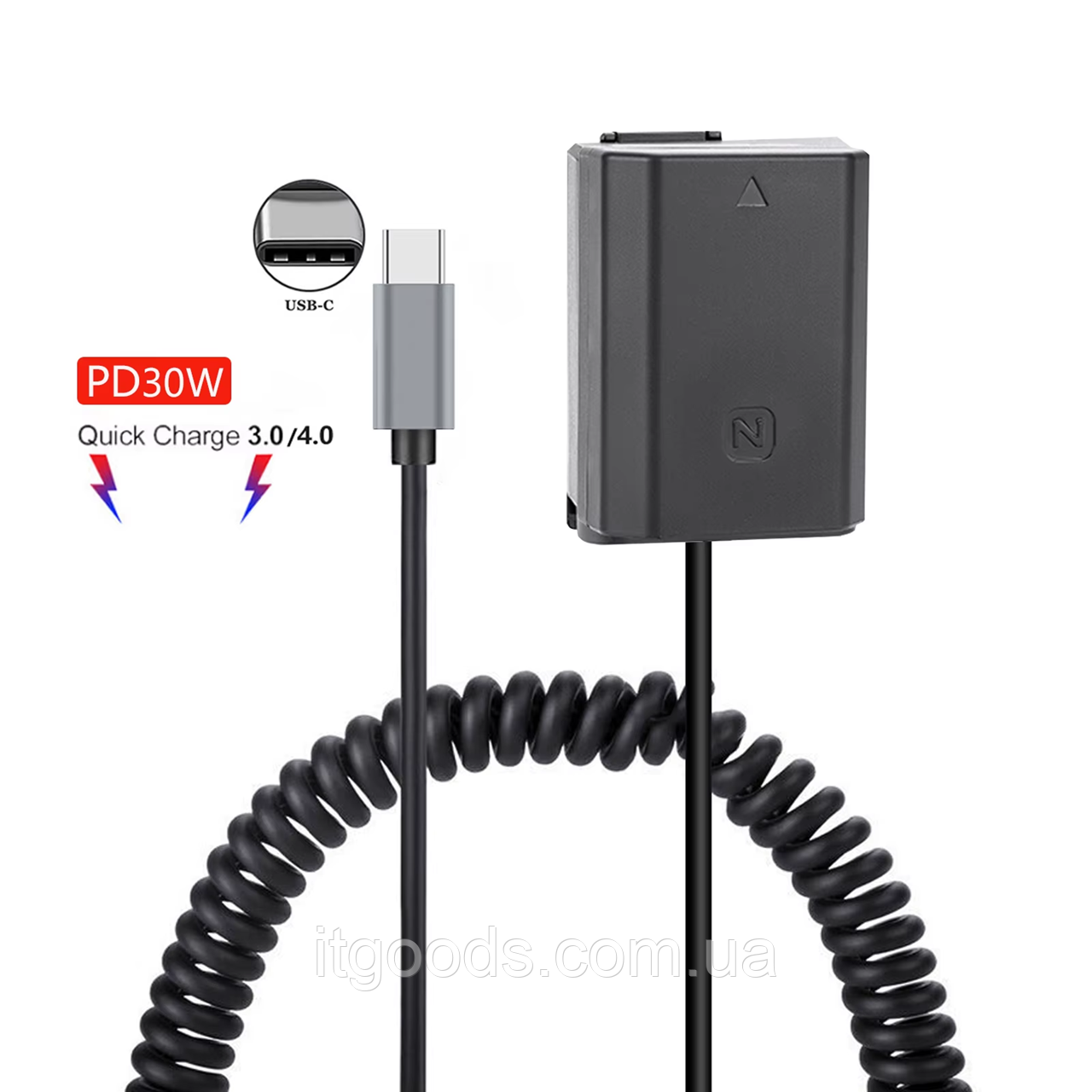 Адаптер живлення TYPE C (акумулятор-муляж NP-FZ100) для Sony Alpha A6600, A7 III, FX3, A7C, A1, A7 IV, A9, фото 1