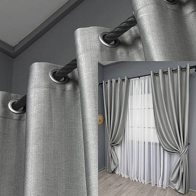 Комплект (2шт. 1,5х2,5м.) штор на люверсах, Шеніл однотонний (блекаут). Колір світло-сірий. Код 1689ш 37-0244