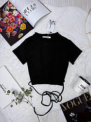 Базова літня трендова футболка турецький рубчик укорочений топ зі шнурками на талії