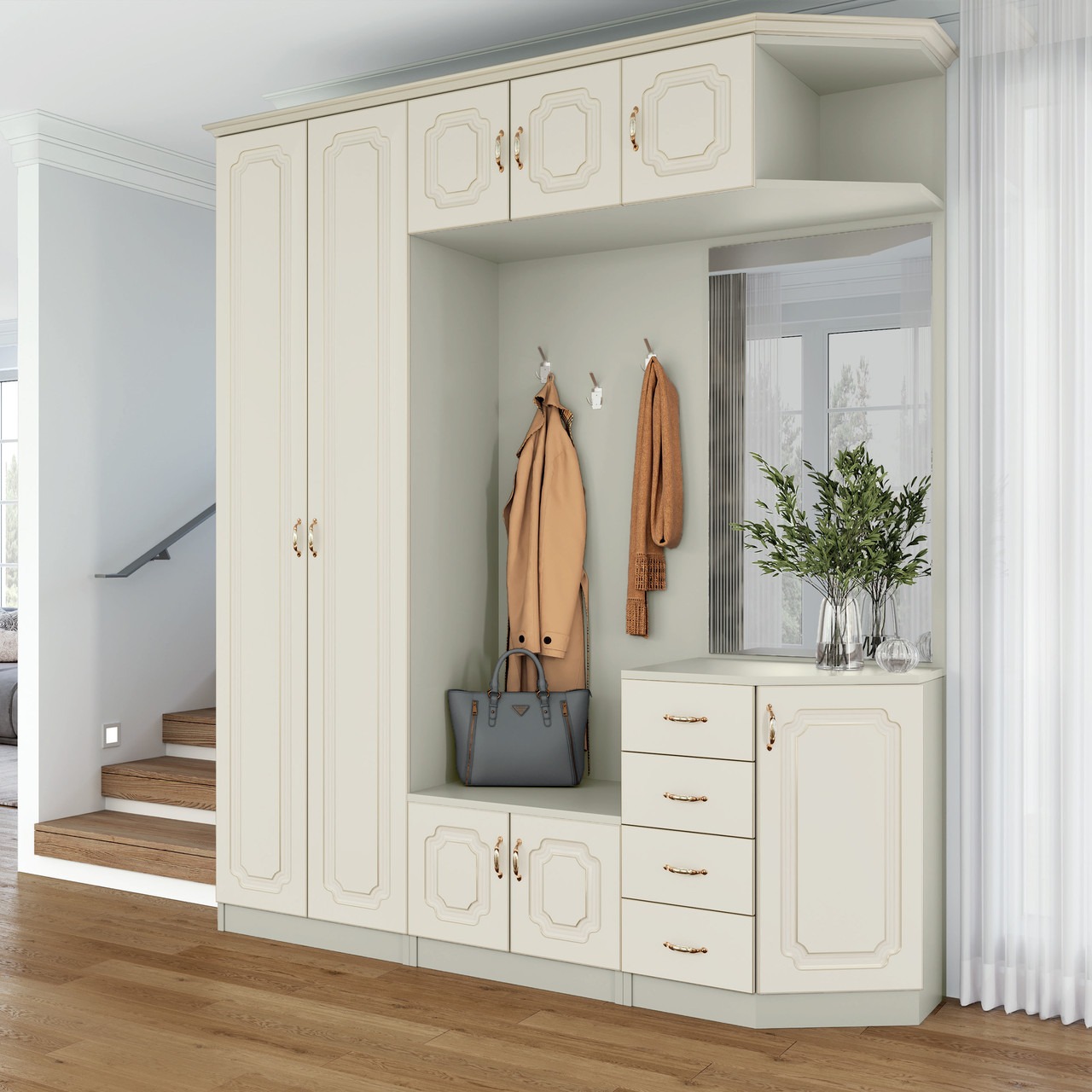 Довгий білий місткий передпокій у класичному стилі 180 см з шафою антресоллю та тумбою для взуття Класика М, фото 1