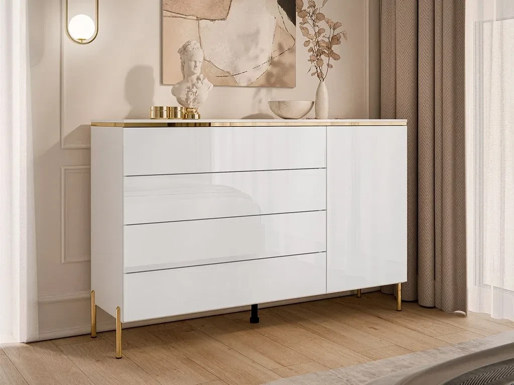Комод на прямих ніжках Aurora Gloss 4S1D (білий глянець/золотий), фото 1