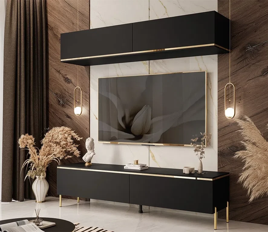 Меблева стінка на прямих ніжках Aurora II (чорний/золотий), фото 1