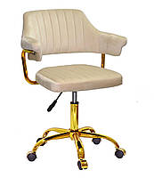 Крісло Jeff GD-Office велюр бежевий B-1032 на золотій опорі-хрестовині з колесами, регулювання висоти сидіння, фото 3
