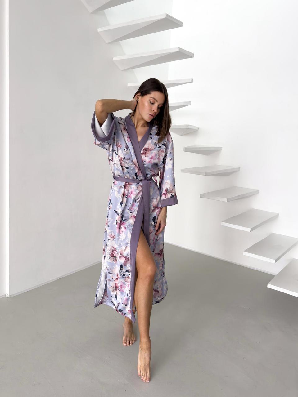 Жіночий халат кімоно довгий "Morning Bloom", квіти на лавандовому кольорі