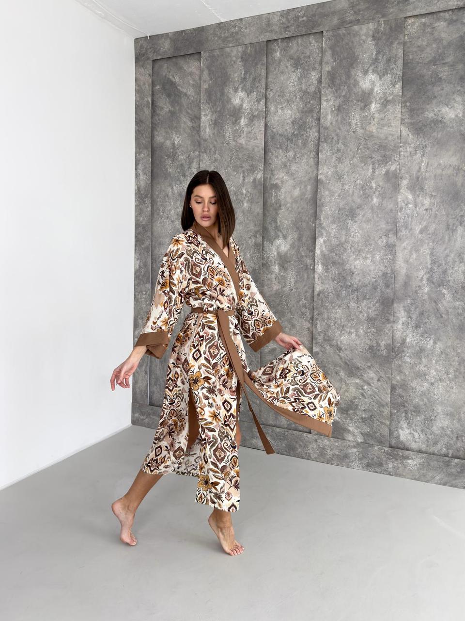 Жіночий халат кімоно довгий Boho Chic, кориця