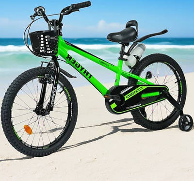 Дитячий зелений велосипед лисапед 20" для хлопчика від 8 років Велик для катання і прогулянок Доп колеса пляшечка