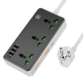 Мережевий фільтр 1,5м, 3000Вт, (3×220В+3×USB+1×Type-C), Hoco AC7 / Подовжувач з вимикачем / Переноска-розетка