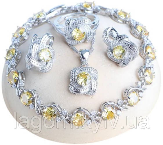 Комплект срібних прикрас Aphrodite з жовтим цирконієм, срібло 925 проби сережки, підвіска, кільце, браслет
