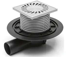 Трап для балкона / тераси, горизонтальний випуск DN50, решітка 122х122 з неіржавної сталі, механічний затвор від запаху