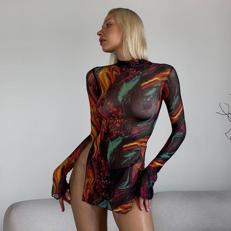 Сітчастий пеньюар у стилі тай-дай, зі стрингами (Розмір s, m, l), вогонь