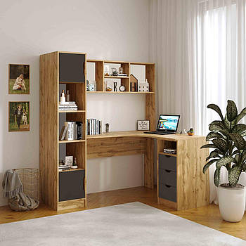 Кутовий письмовий стіл Тінейджер із вмонтованим пеналом, поличкою та шухлядами Графіт