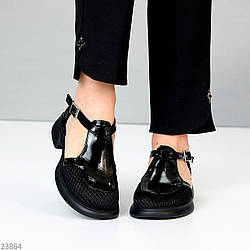 Чорні лакові закриті босоніжки натуральна шкіра глянець + текстильна сітка